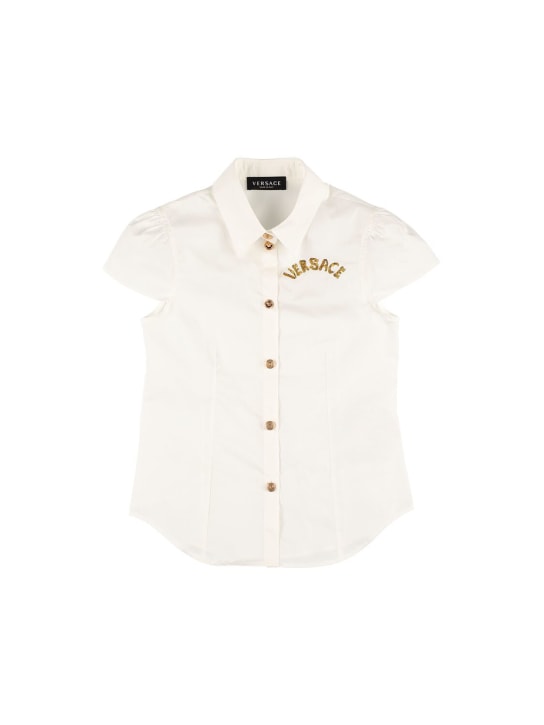 Versace: Camicia in popeline di cotone con logo - Bianco - kids-boys_0 | Luisa Via Roma