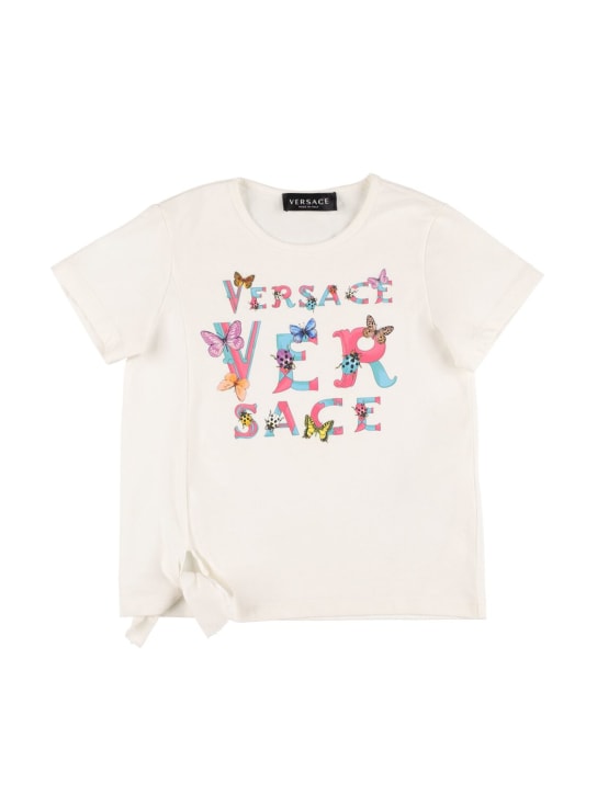 Versace: Logo棉质平纹针织T恤 - 白色 - kids-girls_0 | Luisa Via Roma