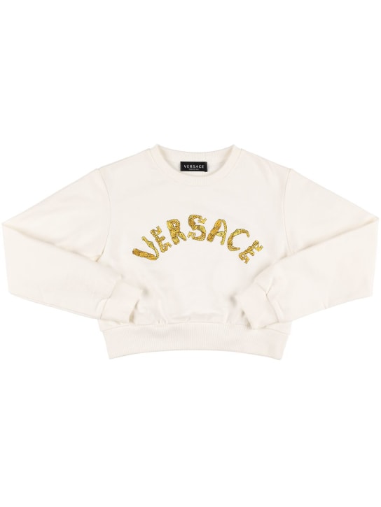 Versace: Cropped cotton sweatshirt w/ logo - Beyaz - kids-girls_0 | Luisa Via Roma