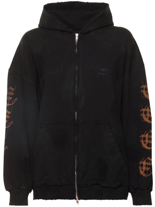 Balenciaga: Logo printed cotton zip hoodie - Washed Black - men_0 | Luisa Via Roma