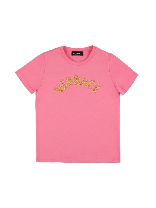 Versace: T-shirt en jersey de coton à logo - Rose - kids-girls_0 | Luisa Via Roma