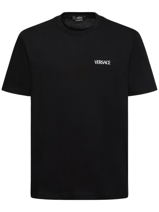 Versace: Logo棉质平纹针织T恤 - 黑色 - men_0 | Luisa Via Roma