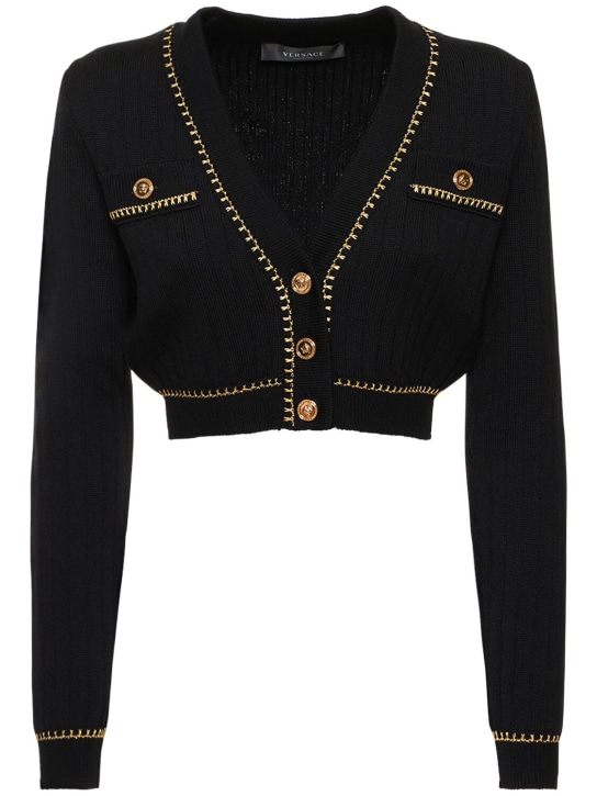 Versace: Cardigan court en laine à carreaux - Noir/Blanc - women_0 | Luisa Via Roma