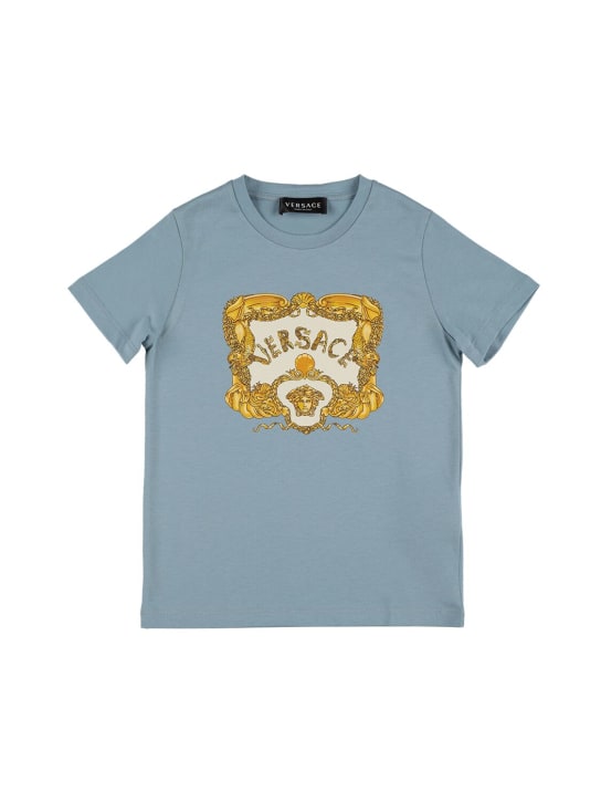 Versace: Camiseta de jersey de algodón con logo - Azul Claro - kids-boys_0 | Luisa Via Roma