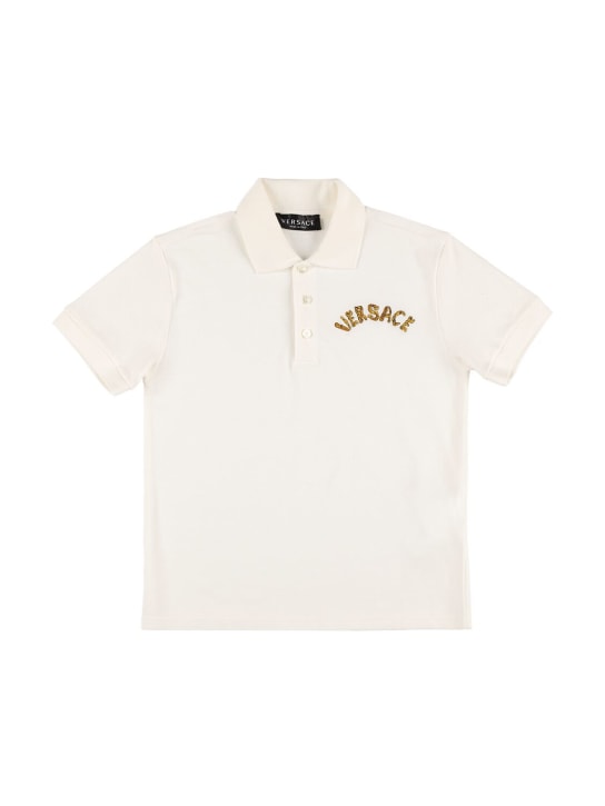 Versace: Polo en coton à logo - Blanc - kids-boys_0 | Luisa Via Roma