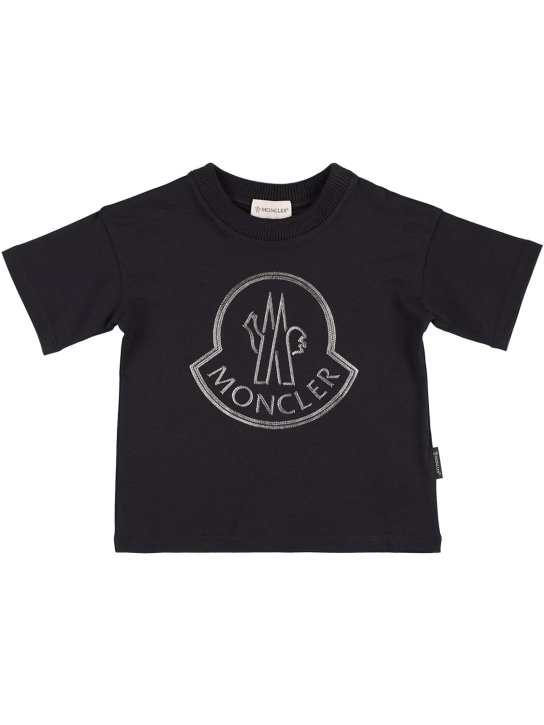 Moncler: Logo印花棉质平纹针织T恤 - 黑色 - kids-girls_0 | Luisa Via Roma