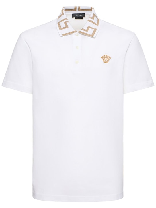 Versace: Logo cotton polo shirt - Beyaz - men_0 | Luisa Via Roma
