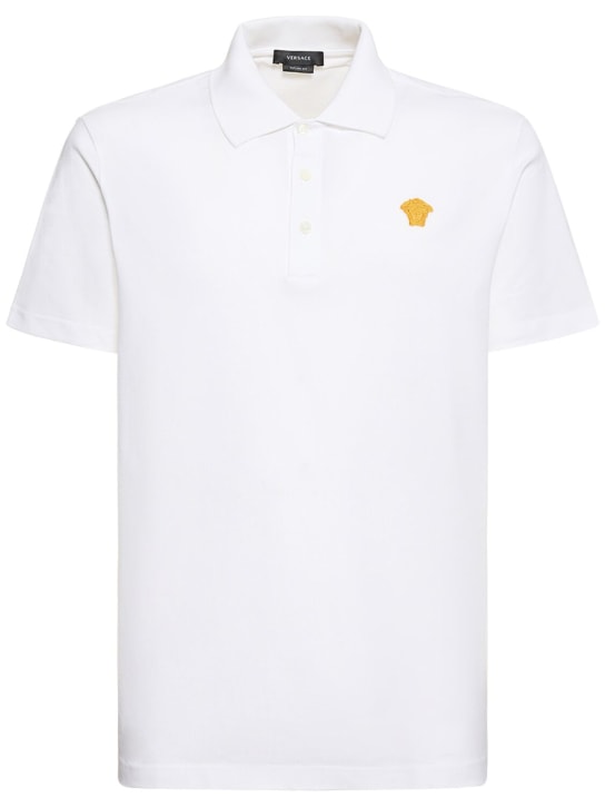 Versace: Logo cotton polo shirt - Beyaz - men_0 | Luisa Via Roma