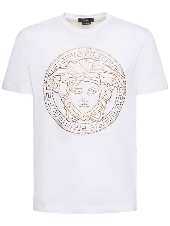 Versace: Medusa 프린트 코튼 티셔츠 - 화이트 - men_0 | Luisa Via Roma
