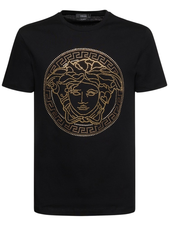 Versace: T-shirt en coton imprimé Medusa - Noir - men_0 | Luisa Via Roma