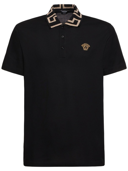 Versace: Logo cotton polo shirt - Siyah - men_0 | Luisa Via Roma