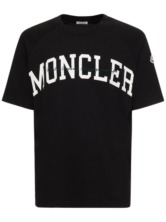 Moncler: T-shirt en jersey de coton imprimé logo - Noir - men_0 | Luisa Via Roma