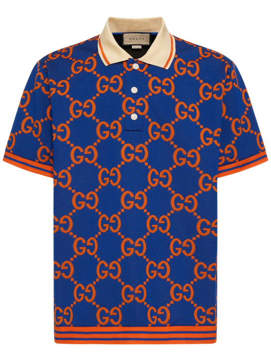 Gucci: Polo en coton GG - Bleu/Orange - men_0 | Luisa Via Roma