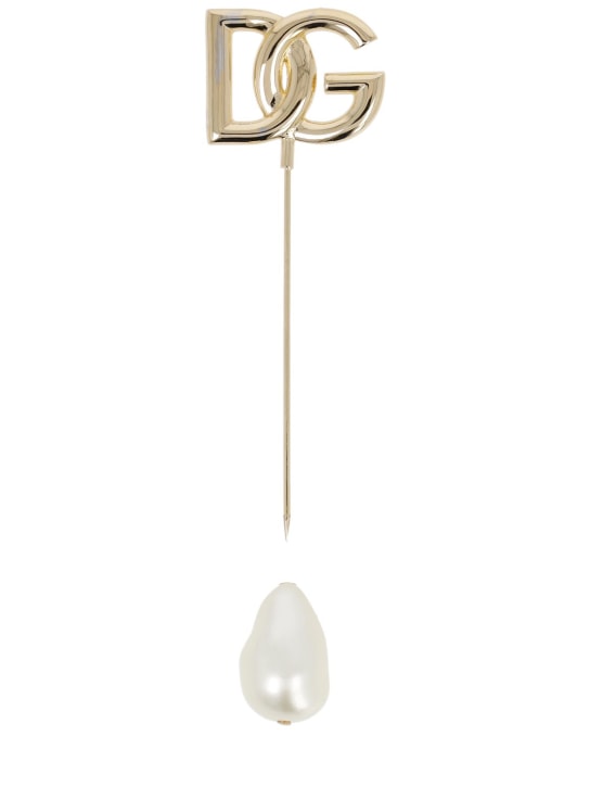 Dolce&Gabbana: Spilla con logo DG e cristalli - Oro/Bianco - men_1 | Luisa Via Roma