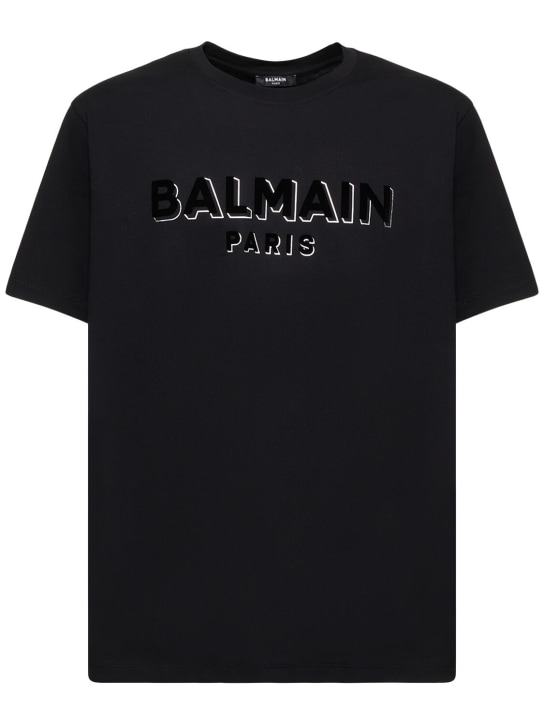 Balmain: T-shirt à logo floqué - Noir/Argent - men_0 | Luisa Via Roma