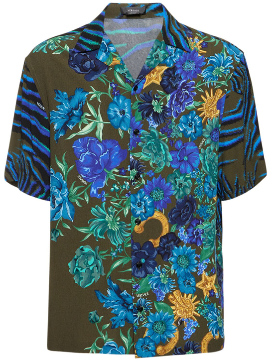 Versace: Camisa de viscosa estampada - Azul/Multi - men_0 | Luisa Via Roma