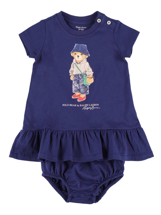 Ralph Lauren: Bear print cotton dress & diaper cover - Navy - kids-girls_0 | Luisa Via Roma