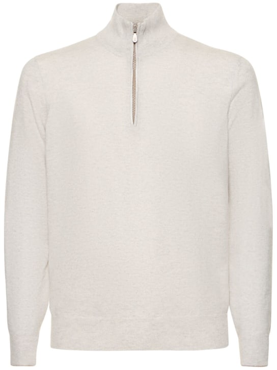 Brunello Cucinelli: Half zip cashmere turtleneck sweater - Light Grey - men_0 | Luisa Via Roma