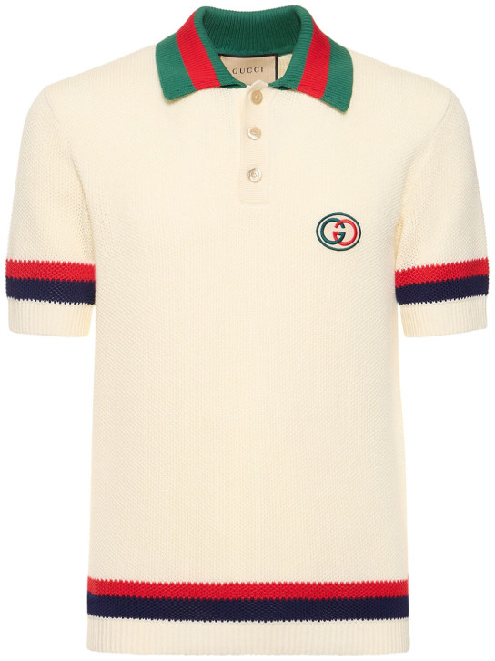 Gucci: Stretch cotton polo shirt w/ Web detail - Ivory/Multi - men_0 | Luisa Via Roma