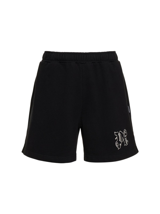 Palm Angels: Monogram cotton sweat shorts - Black - men_0 | Luisa Via Roma