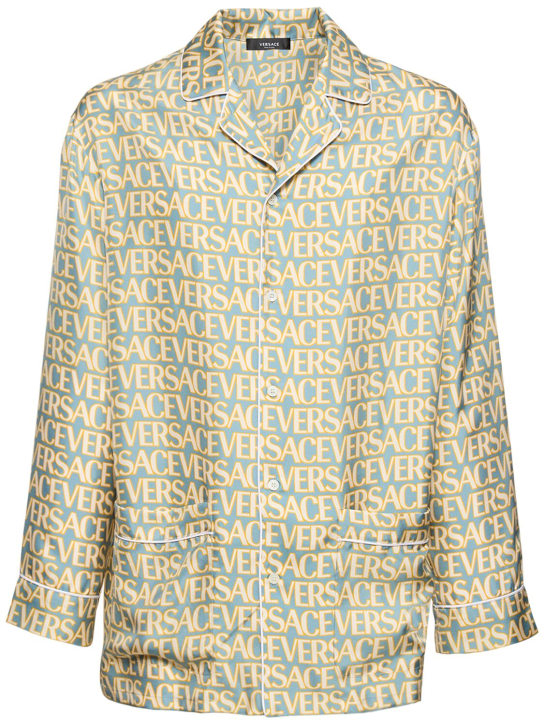 Versace: Camicia in twill di seta monogram - Blu Chiaro - men_0 | Luisa Via Roma