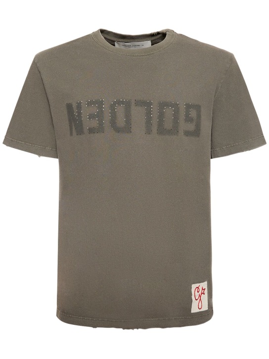 Golden Goose: T-shirt en jersey de coton d'aspect usé à logo - Dusty Olive - men_0 | Luisa Via Roma