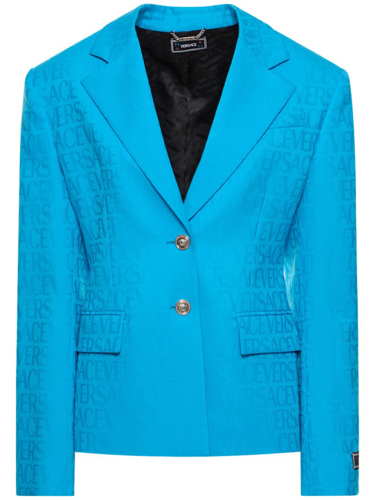 Versace: Chaqueta de lana jacquard con logo - Azul - women_0 | Luisa Via Roma
