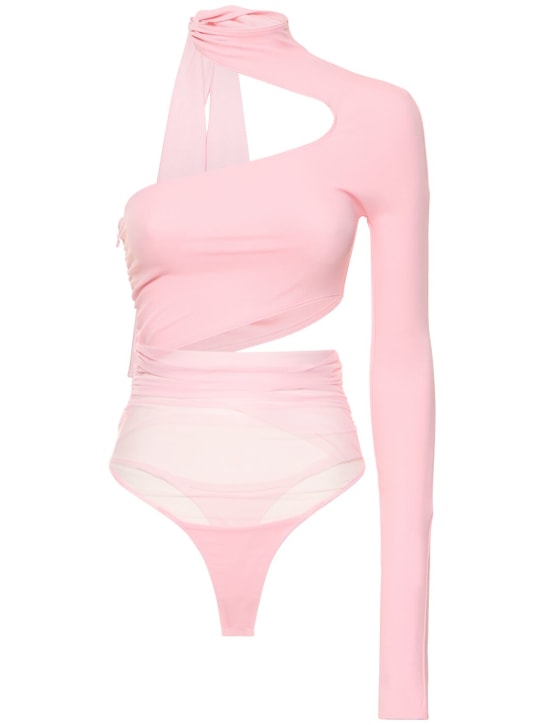 MUGLER: Body LVR Exclusive in jersey e tulle con cutout - Rosa - women_0 | Luisa Via Roma