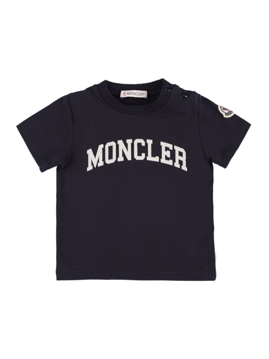 Moncler: Camiseta de jersey de algodón stretch - Azul Marino - kids-boys_0 | Luisa Via Roma