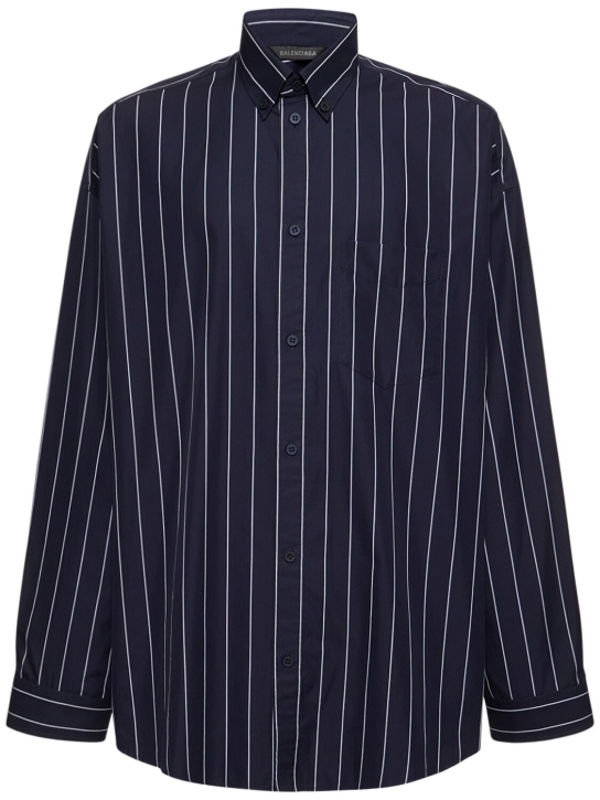 Balenciaga: Striped oversized cotton blend shirt - Mavi/Beyaz - men_0 | Luisa Via Roma