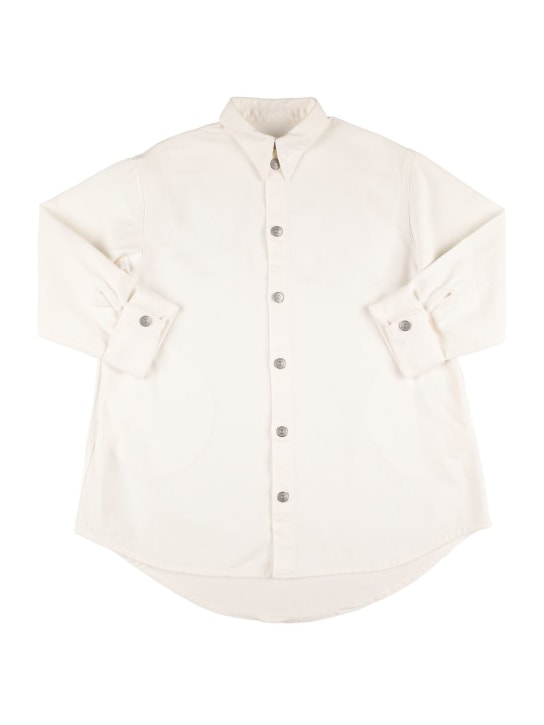 MM6 Maison Margiela: Robe chemise en popeline de coton imprimé logo - Blanc Cassé - kids-girls_0 | Luisa Via Roma