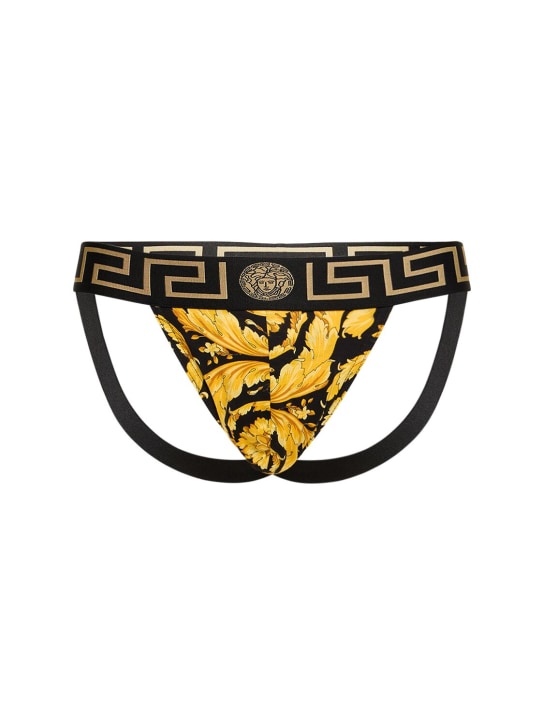 Versace: Barocco印花弹力棉质下体弹力护身 - 黑色/金色 - men_0 | Luisa Via Roma