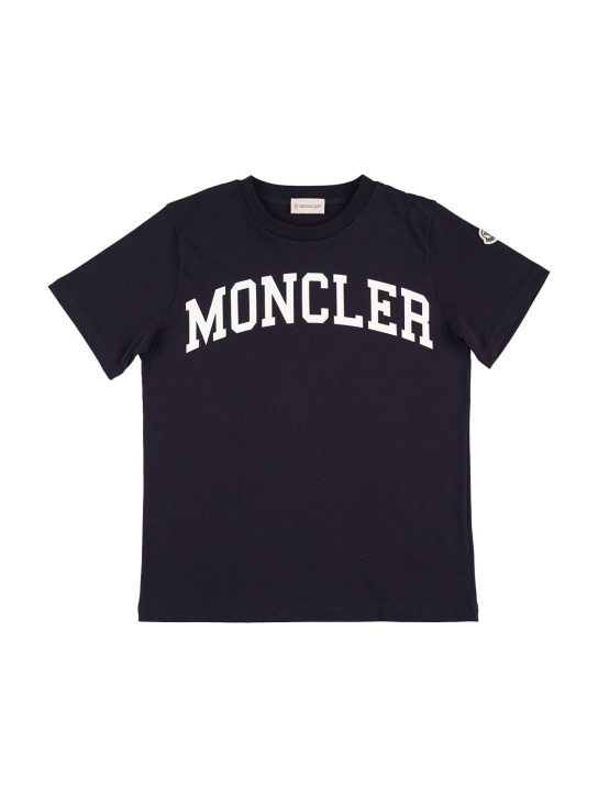 Moncler: Camiseta de jersey de algodón estampada - Azul Marino - kids-boys_0 | Luisa Via Roma