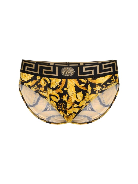 Versace: Slip in cotone stretch stampa barocca - Nero/Oro - men_0 | Luisa Via Roma