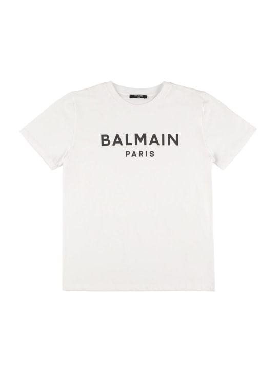 Balmain: Logo有机棉平纹针织T恤 - kids-girls_0 | Luisa Via Roma