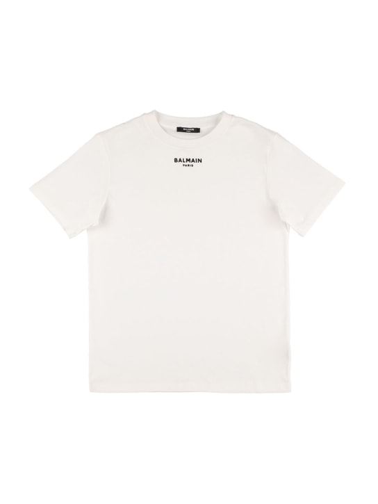 Balmain: Camiseta de jersey de algodón orgánico con logo - kids-boys_0 | Luisa Via Roma