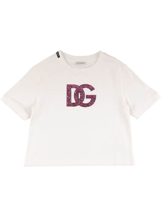 Dolce&Gabbana: 装饰logo棉质平纹针织T恤 - 白色 - kids-girls_0 | Luisa Via Roma