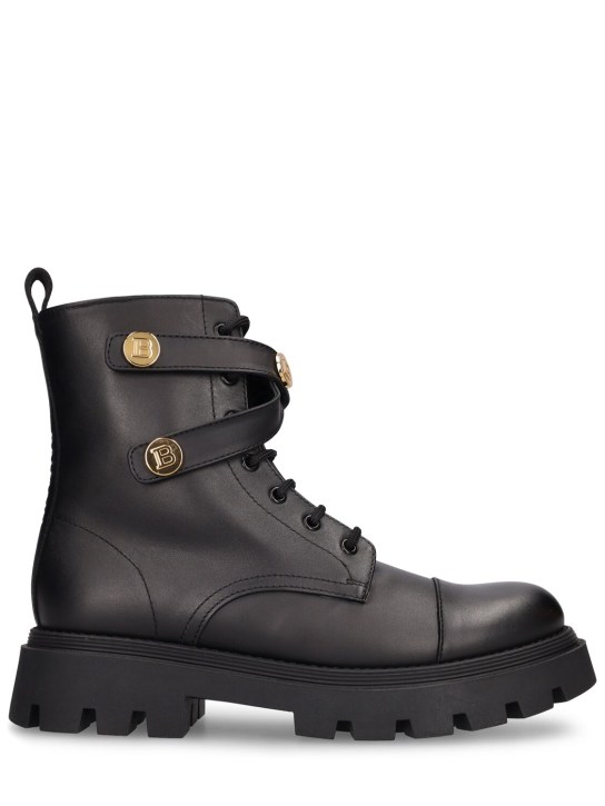 Balmain: Leather lace-up boots w/logo - Schwarz/Gold - kids-girls_0 | Luisa Via Roma