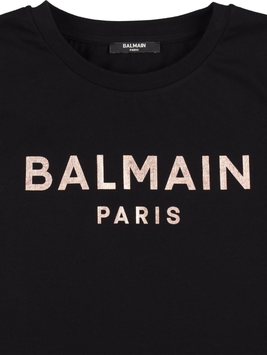 Balmain: Logo有机棉平纹针织T恤 - 黑色 - kids-girls_1 | Luisa Via Roma