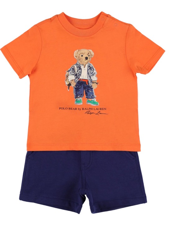 Ralph Lauren: Shorts und T-Shirt aus Baumwolljersey mit Druck - Orange/Dunkelblau - kids-boys_0 | Luisa Via Roma