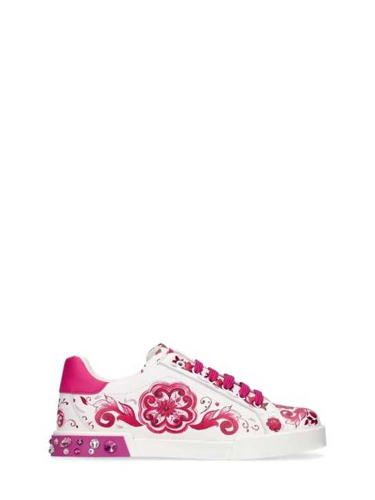 Dolce&Gabbana: Sneakers de piel con logo y cordones - Blanco/Fucsia - kids-girls_0 | Luisa Via Roma