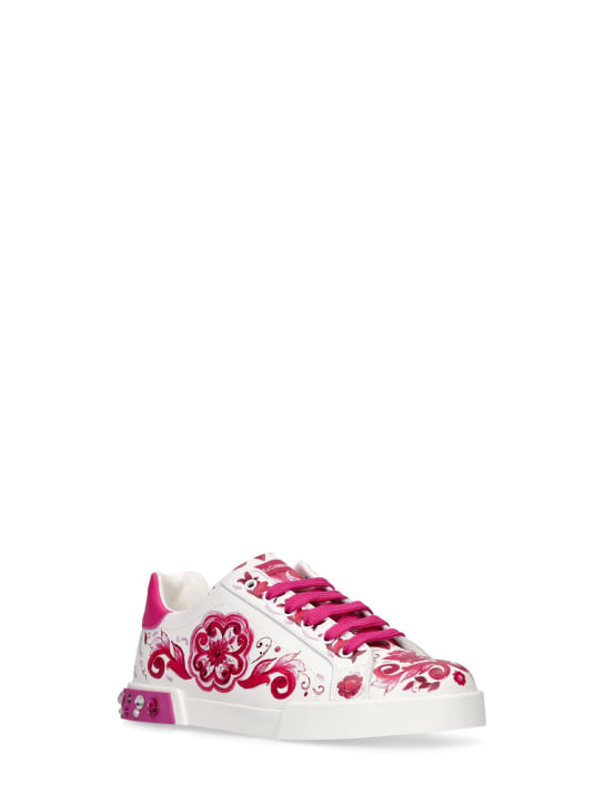 Dolce&Gabbana: Logo印花皮革系带运动鞋 - 白色/桃红色 - kids-girls_1 | Luisa Via Roma