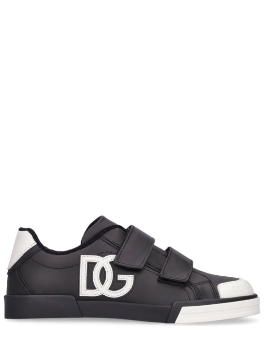 Dolce&Gabbana: Sneakers de piel estampada con correas - Negro/Blanco - kids-girls_0 | Luisa Via Roma