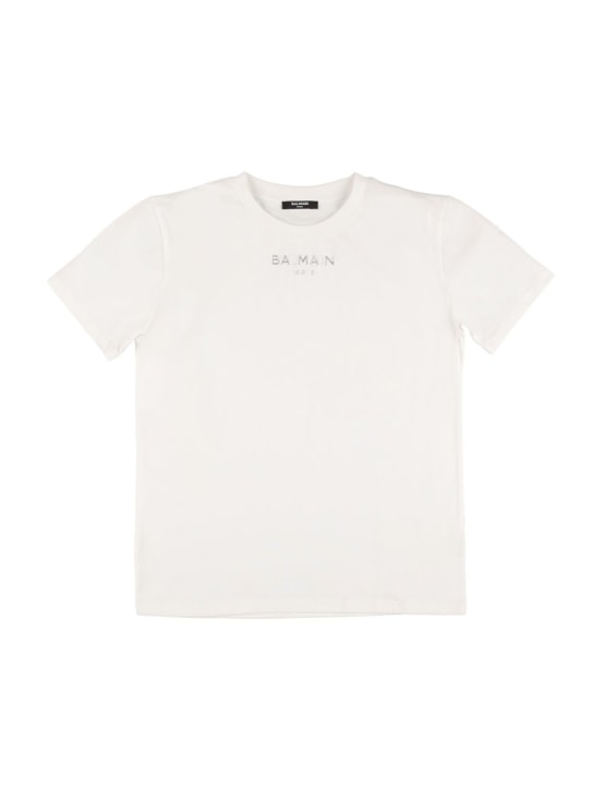 Balmain: Camiseta de jersey de algodón orgánico con logo - kids-girls_0 | Luisa Via Roma