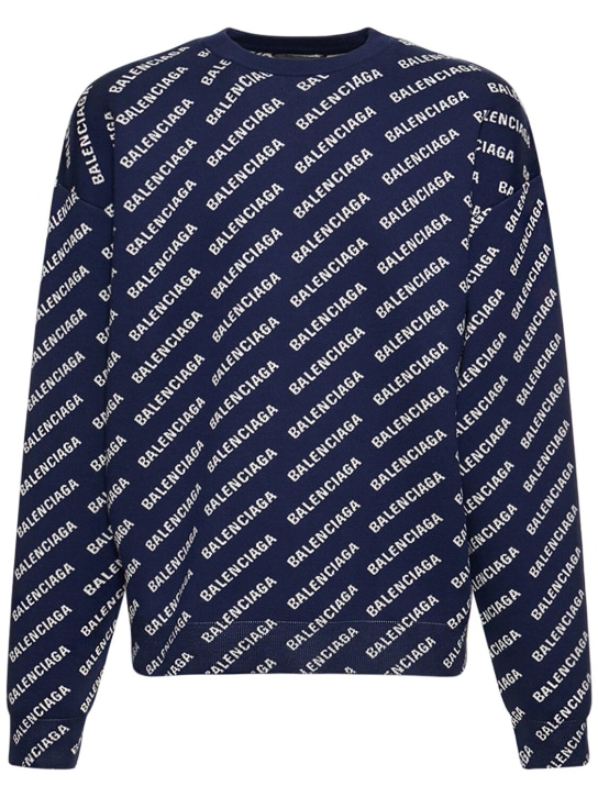 Balenciaga: All-over logo cotton blend sweater - Navy/White - men_0 | Luisa Via Roma