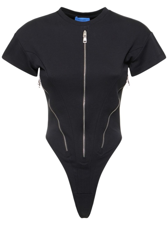 MUGLER: Zipped cotton jersey bodysuit - Black - women_0 | Luisa Via Roma