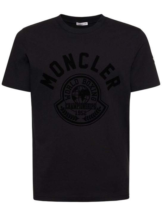 Moncler: Flocked logo cotton jersey t-shirt - Black - men_0 | Luisa Via Roma