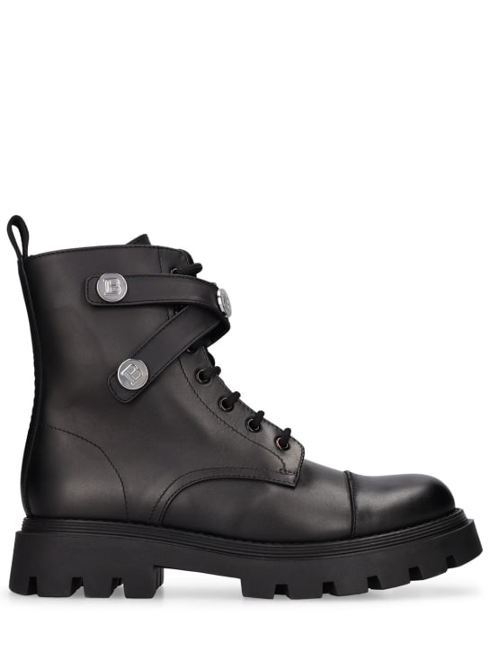Balmain: Leather lace-up boots w/logo - Schwarz/Silber - kids-boys_0 | Luisa Via Roma