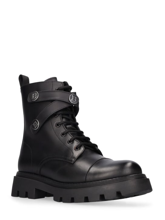 Balmain: Leather lace-up boots w/logo - Schwarz/Silber - kids-girls_1 | Luisa Via Roma