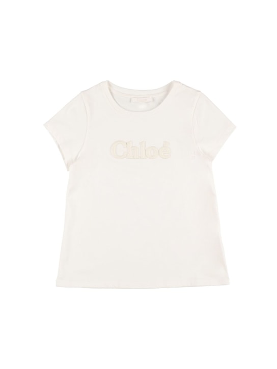 Chloé: Logo有机棉平纹针织T恤 - 白色 - kids-girls_0 | Luisa Via Roma